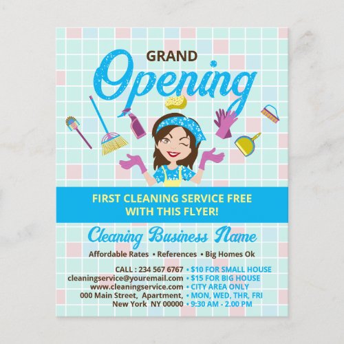 Blue Yellow Cleaning Lady Grand Opening Flyer