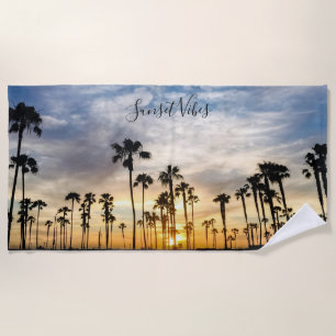 Blue & Yellow Cloudy Palm Trees Sunset Beach Towel