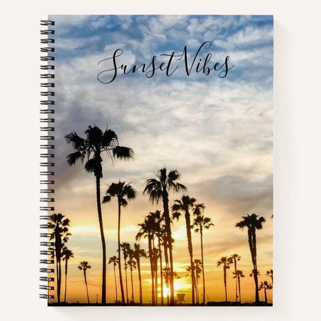 Blue & Yellow Cloudy Palm Trees Sunset Notebook (Front)