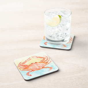 Blue Yellow Crab Watercolor Beverage Coaster