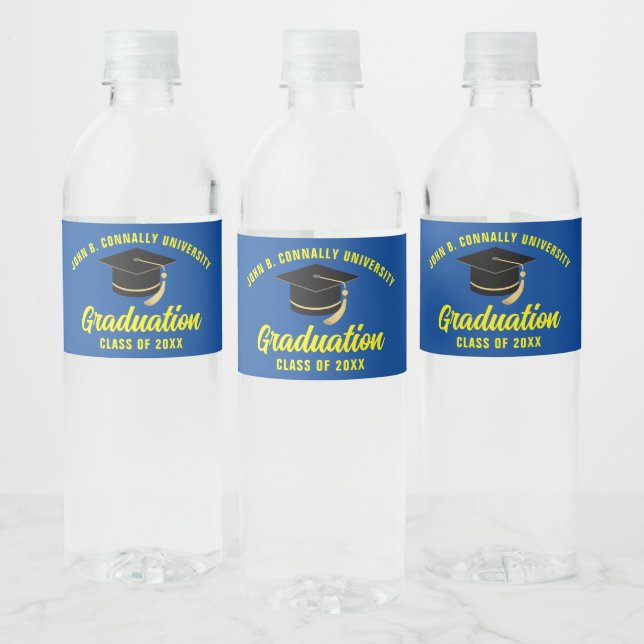 Blue Yellow Custom School Graduation Party Water Bottle Label (Bottles)