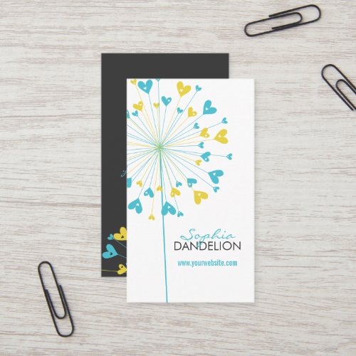 Blue  Yellow Cute Love Hearts Whimsical Dandelion Business Card