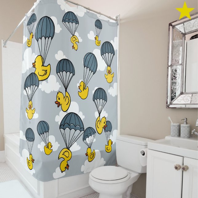 Blue Yellow Cute Rubber Duck Parachute Sky Clouds Shower Curtain (Creator Uploaded)