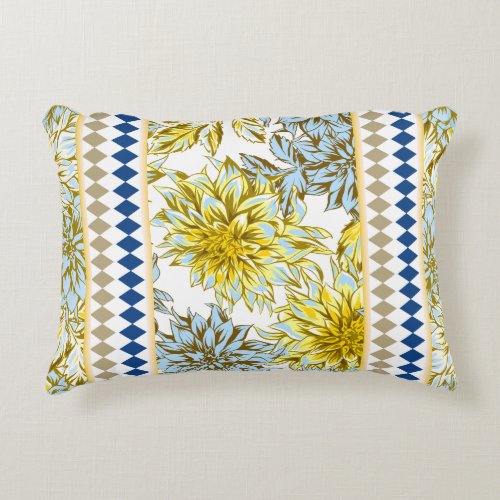 Blue Yellow Dahlias with Patterned Trim Accent Pillow