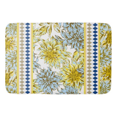 Blue Yellow Dahlias with Patterned Trim Bath Mat