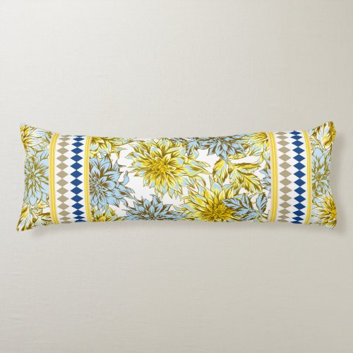 Blue Yellow Dahlias with Patterned Trim Body Pillow
