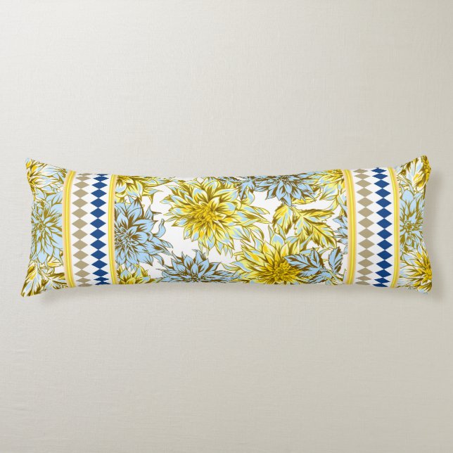 Blue Yellow Dahlias with Patterned Trim Body Pillow (Front)