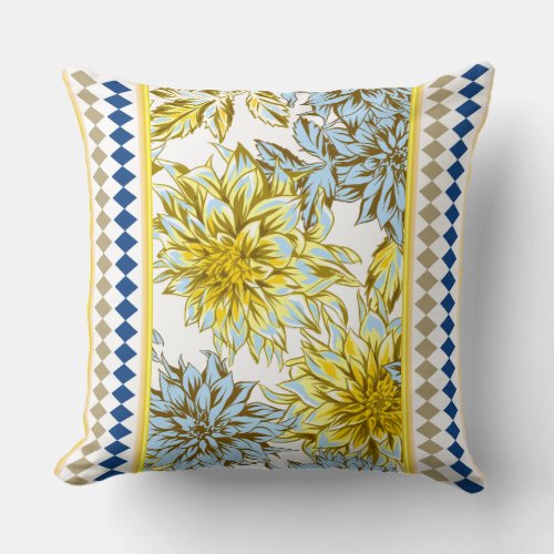 Blue Yellow Dahlias with Patterned Trim Throw Pillow