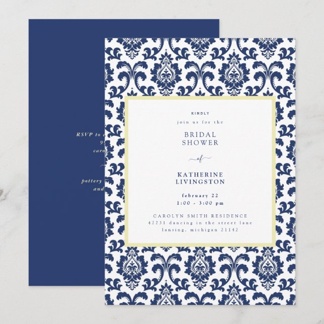 Blue & Yellow Damask Bridal Shower Invitation (Front/Back)