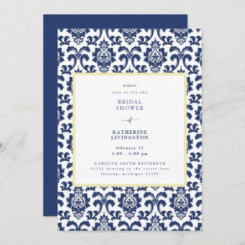 Blue  Yellow Damask Bridal Shower Invitation