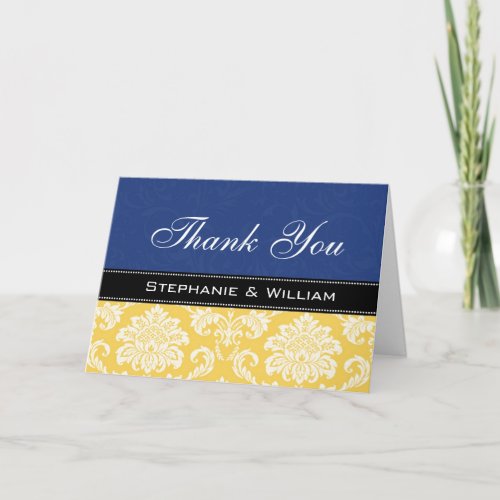 Blue Yellow Damask Wedding Thank You Cards