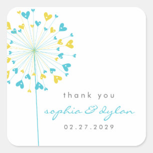 Blue & Yellow Dandelion Flower Love Hearts Wedding Square Sticker