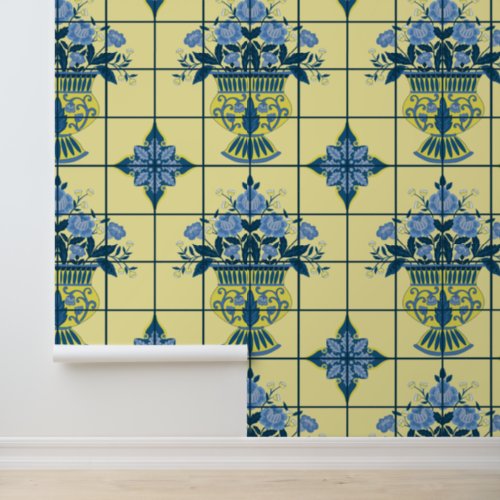 Blue  Yellow Delft Floral Arrangement Tile Wallpaper