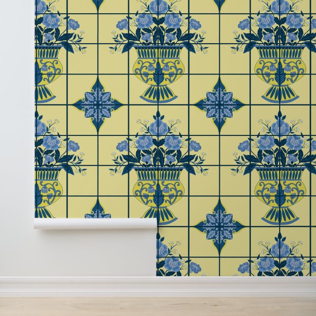 Blue & Yellow Delft Floral Arrangement Tile Wallpaper (Application)
