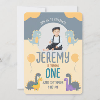 Blue Yellow Dinosaur Photo First Birthday Invitation