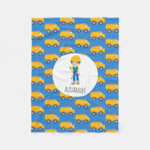 Blue Yellow Dump Truck Boy Construction Worker Fleece Blanket