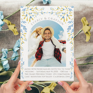 Blue & Yellow Elegance Photo Arch Boho Wildflower Invitation