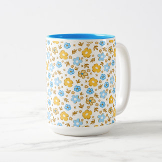 Blue Yellow Elegant Farmhouse Floral Pattern Two-Tone Coffee Mug