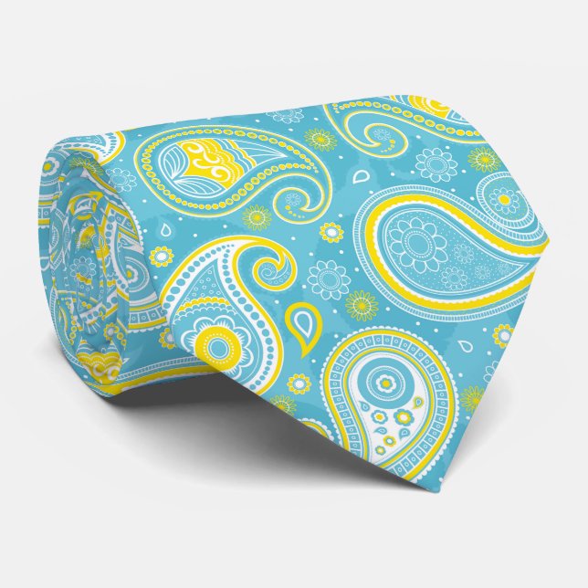 Blue yellow elegant vintage paisley pattern neck tie (Rolled)