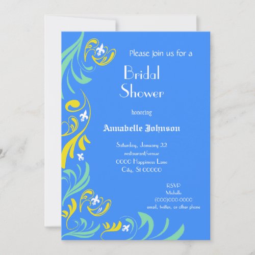 Blue Yellow Fleur de Lis Vine Bridal Shower Custom Announcements
