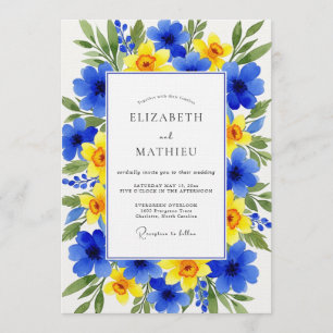 Blue Yellow Floral Bloom Wedding Invitation