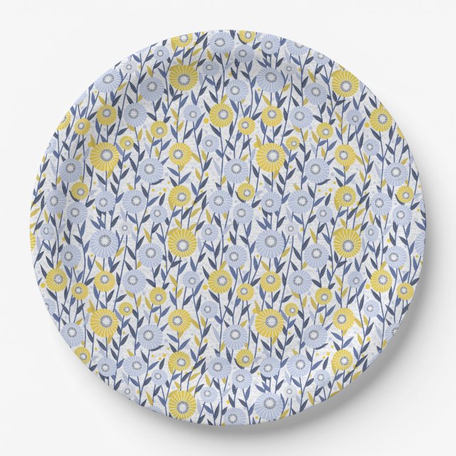 Blue Yellow Floral Blooms, Wildflowers, Daisies Paper Plates (Front)