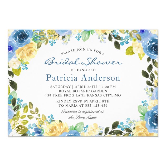 Blue Yellow Floral Botanical Garden Bridal Shower Invitation