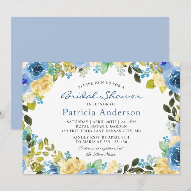 Blue Yellow Floral Botanical Garden Bridal Shower Invitation (Front/Back)