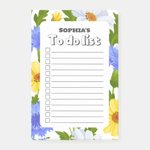 Blue Yellow Floral Checkbox Blank To Do List Post_it Notes