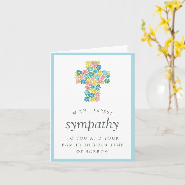 Blue Yellow Floral Cross Condolences Sympathy Card (Yellow Flower)