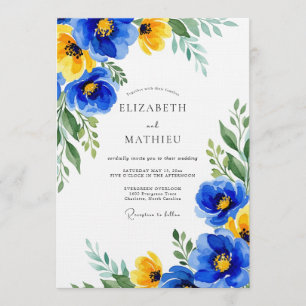 Blue Yellow Floral Flourish Wedding Invitation
