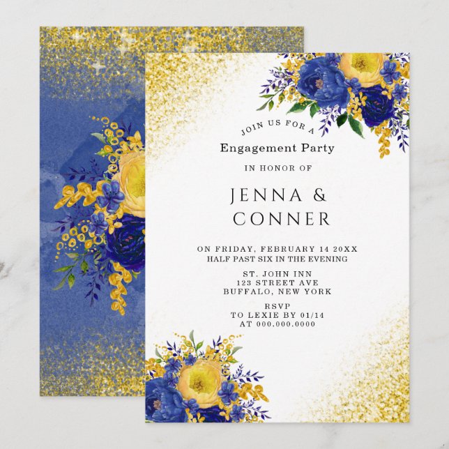 Blue Yellow Floral Gold Glitter Engagement Party  Invitation (Front/Back)