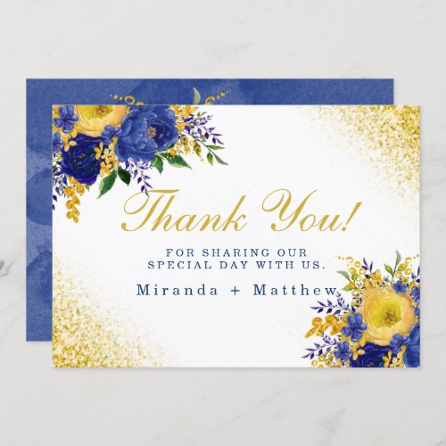 Blue Yellow Floral Gold Wedding Thank You Cards