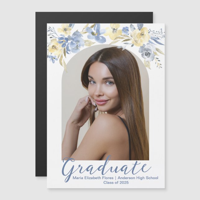 Blue Yellow Floral Graduate Photo Magnet Card (Front/Back)