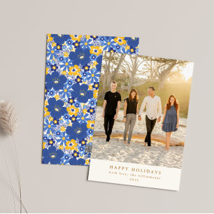 Blue Yellow Floral Hanukkah Holiday Photo Elegant Card