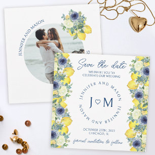 Blue yellow floral lemon Save the date photo Invitation