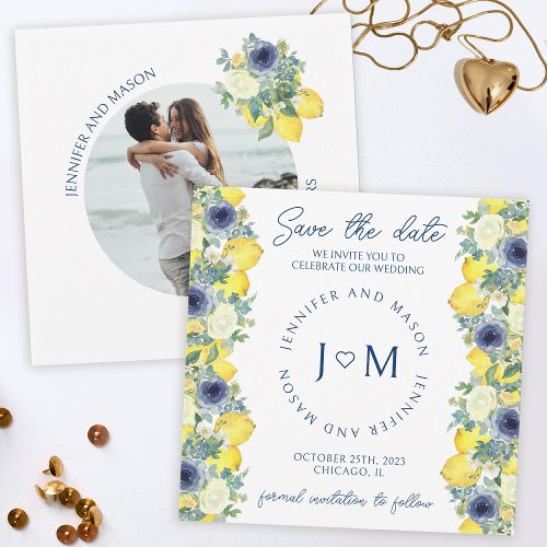 Blue yellow floral lemon Save the date photo Invitation