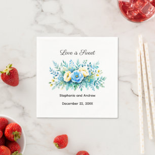 Blue Yellow Floral Love Is Sweet Wedding Napkins