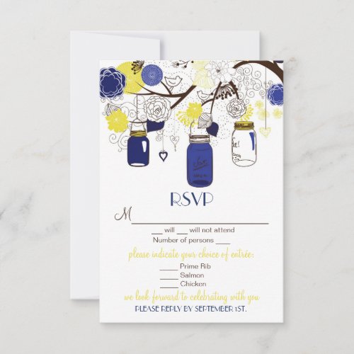 Blue  Yellow Floral Mason Jars RSVP Wedding Card