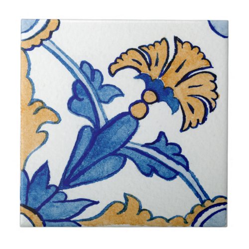 Blue  Yellow Floral Mediterranean Watercolor Ceramic Tile