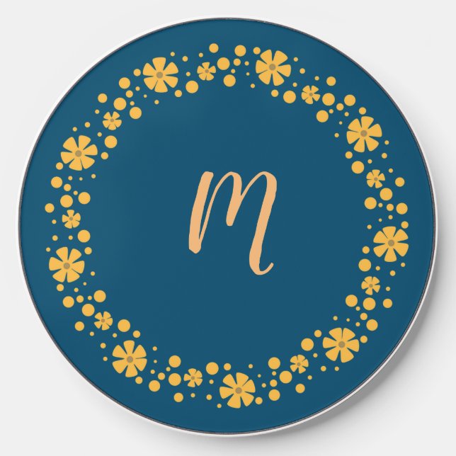 Blue Yellow Floral Monogram Gift Wireless Charger (Front)