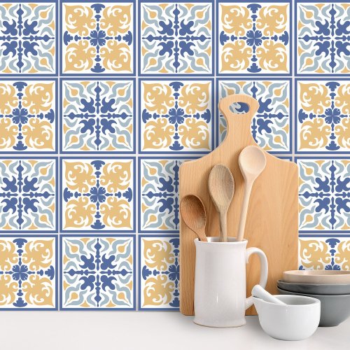 Blue Yellow Floral Mosaic Tile Pattern Peel Stick Wallpaper