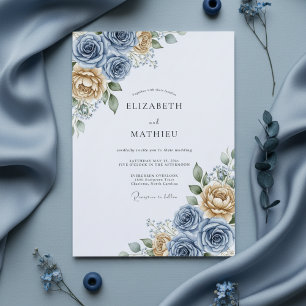 Blue Yellow Floral Romantic Wedding Invitation