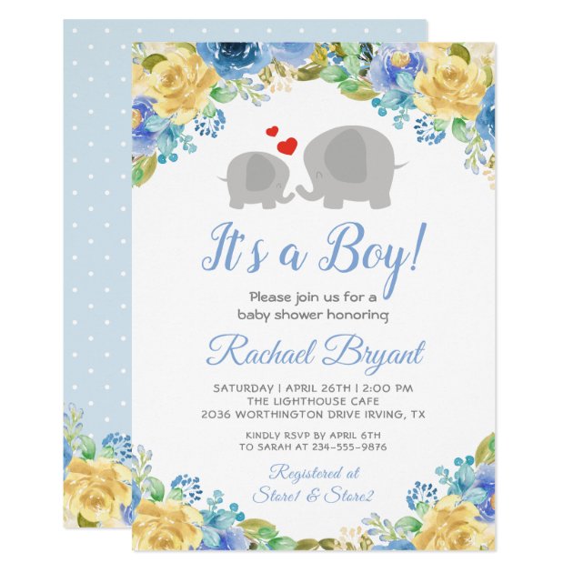 Blue Yellow Floral Roses Boy Elephant Baby Shower Invitation