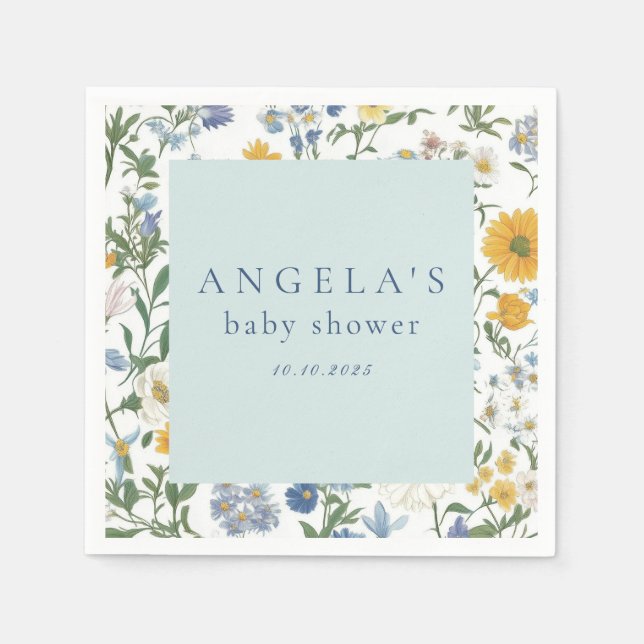 Blue & Yellow Floral Rustic Baby Shower Napkins (Front)