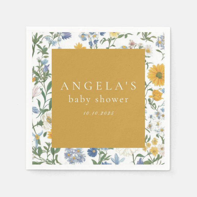 Blue & Yellow Floral Rustic Baby Shower Napkins (Front)