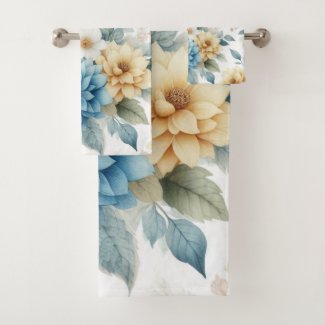 Blue Yellow Floral Soft Bathroom Towel Set of 3