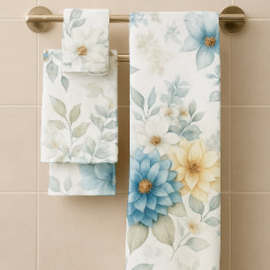 Blue Yellow Floral Soft Bathroom Towel Set of 3