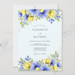 Blue Yellow Floral Spring Wedding Invitation