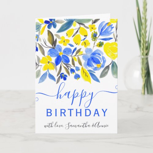 Blue yellow floral watercolor 2 photo birthday card